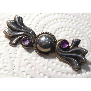 SIGNED AEM or AE in Heart Mexican Sterling Silver & Amethyst Bar Brooch Eagle 23